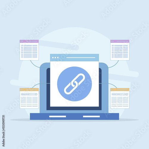 Website Link Building Concept, Link Building as Search Engine Optimization, Link Marketing and Building. hyperlink system creation, website cooperation. Flat design illustration in the background.