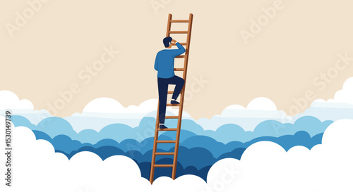 Ladder of success, vision to lead business to achieve goal or opportunity in career concept, smart confident businessman leader climb up to reach top of ladder high in the sky look forward to future.