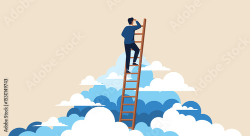 Ladder of success, vision to lead business to achieve goal or opportunity in career concept, smart confident businessman leader climb up to reach top of ladder high in the sky look forward to future.