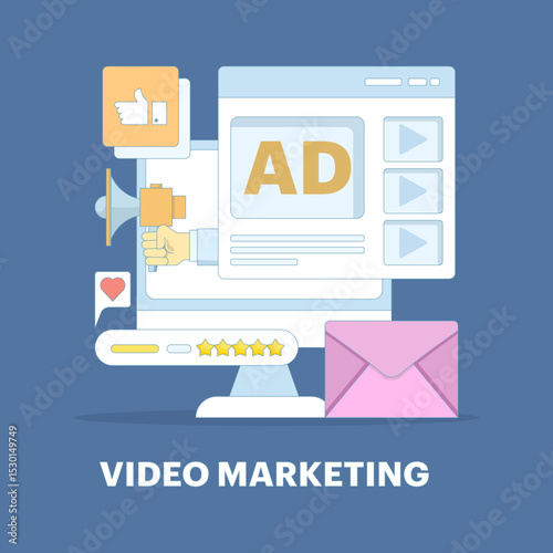 Concept of video advertising on the internet, digital marketing, website promotion with digital advertising networks, Video marketing for digital campaigns, video advertising on social media.