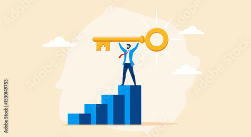 Key to business success, stairway to find secret key or achieve career target concept, businessman winner walk up to top of stairway lifting golden success key to the sky. 