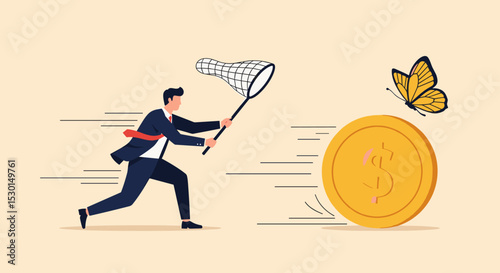 Chasing high performance active mutual fund, buying rising star stock or funds, catch or grab hot ETFs concept, businessman investor run chasing try to catch high performance attractive dollar coin. 