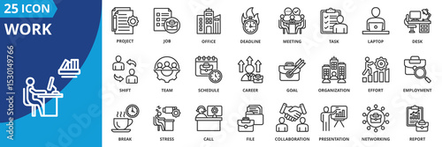 work icon set collection in outline style. an icon pack contain career, task, job, office, desk, laptop, meeting, project, deadline, schedule