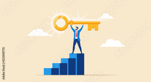 Key to business success, stairway to find secret key or achieve career target concept, businessman winner walk up to top of stairway lifting golden success key to the sky. 