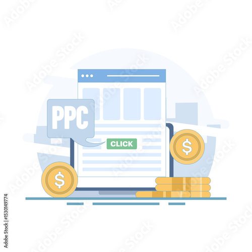 PPC marketing concept, pay per click or CPC PPC, Website paid advertising, internet advertising, Pay per click. Illustration for website, page, app, poster and banner. Vector illustration.