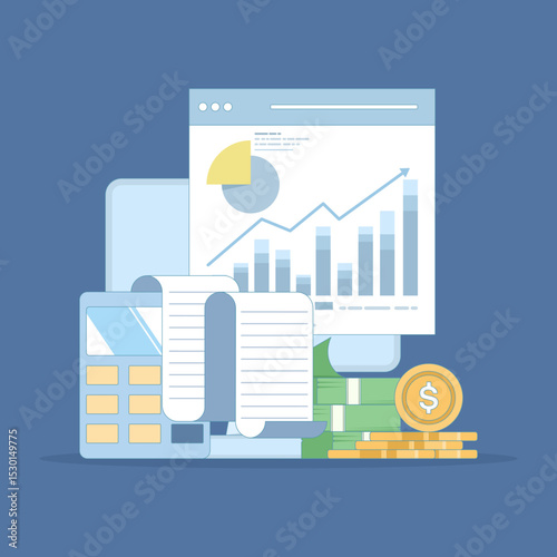 Accounting and finance expert concept. Budget income. Accounting profit is calculated by subtracting expenses from revenue. Business accountant with calculator. Flat vector illustration.