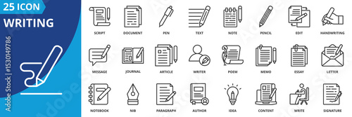 writing icon set collection in outline style. an icon pack contain writing, pen, pencil, note, edit, document, text, script, journal, article