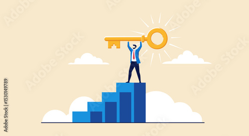 Key to business success, stairway to find secret key or achieve career target concept, businessman winner walk up to top of stairway lifting golden success key to the sky. 