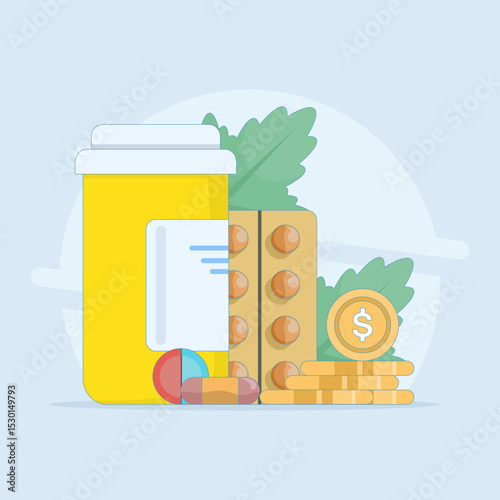 Medical health care budget cost concept, medical money financial budget cost. high health care, pill medicine package. health care pharmacy cost. flat design illustration on background.