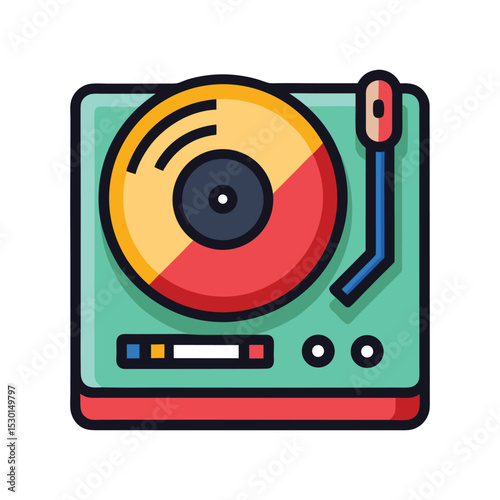 Flat Vector Icon of Vinyl Turntable Player Retro Audio Device