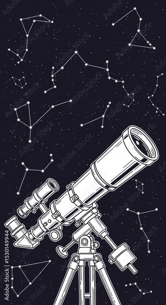 Fototapeta premium Stargazing Night with Vintage Telescope and Constellations Vector Art