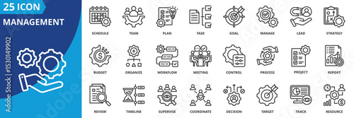 management icon set collection in outline style. an icon pack contain manage, plan, lead, strategy, goal, task, team, schedule, organize, project