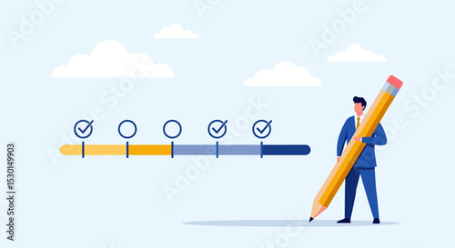 Project tracking, goal tracker, task completion or checklist to remind project progress concept, businessman project manager holding big pencil to check completed tasks in project management timeline.