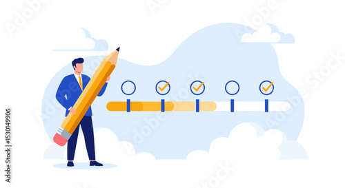 Project tracking, goal tracker, task completion or checklist to remind project progress concept, businessman project manager holding big pencil to check completed tasks in project management timeline.