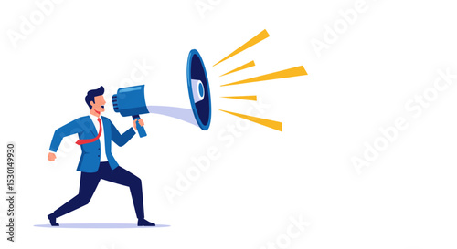 Business shout out, speaking out loud to communicate with co-worker or draw attention and announce promotion concept, confidence young businessman using megaphone speak out loud to be heard in public.