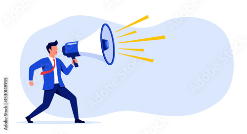 Business shout out, speaking out loud to communicate with co-worker or draw attention and announce promotion concept, confidence young businessman using megaphone speak out loud to be heard in public.