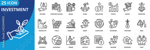 investment icon set collection in outline style. an icon pack contain invest, venture capital, inflation, stock, bond, fund, stock, return, yield, asset