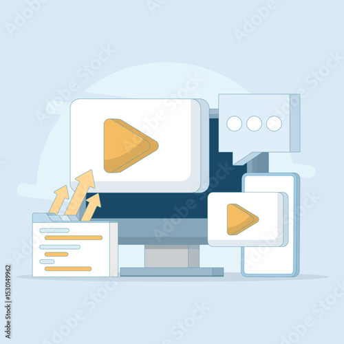 Internet online video player, Business video marketing. video player on computer screen, video content marketing. Video content social media marketing. Flat design illustration in the background.