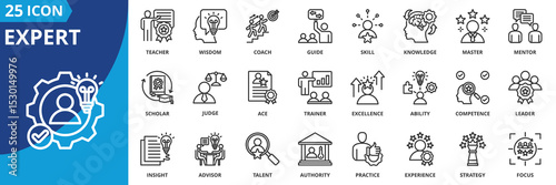 expert icon set collection in outline style. an icon pack contain skill, knowledge, wisdom, master, guide, coach, mentor, teacher, leader, competence
