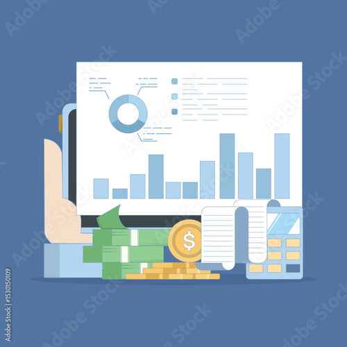 Accounting and finance expert concept. Budget income. Accounting profit is calculated by subtracting expenses from revenue. Business accountant with calculator. Flat vector illustration.