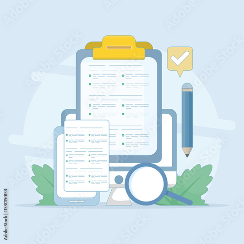 Testing concept. Reading test. Online exam, questionnaire form, Explore quiz checklist answers and success results. Online education, survey metaphor. Flat vector illustration on background.