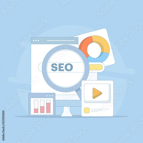 Search engine optimization concept, social media marketing. search marketing, SEO services, analysis and planning strategies. SEO optimization. flat vector illustration on background.