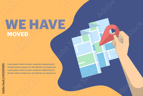 We have moved. Route has been set. Map location with changed address. Location has been moved. Navigation symbol. Advertising banner with city map. Flat design vector illustration on background.
