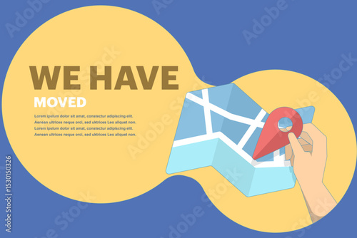 We have moved. Route has been set. Map location with changed address. Location has been moved. Navigation symbol. Advertising banner with city map. Flat design vector illustration on background.