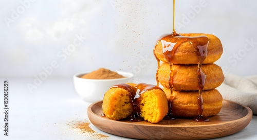 Golden Doughnut Delight: A stack of freshly baked, golden doughnuts glistens with a cascade of warm maple syrup. This tempting image evokes feelings of pure joy. 
