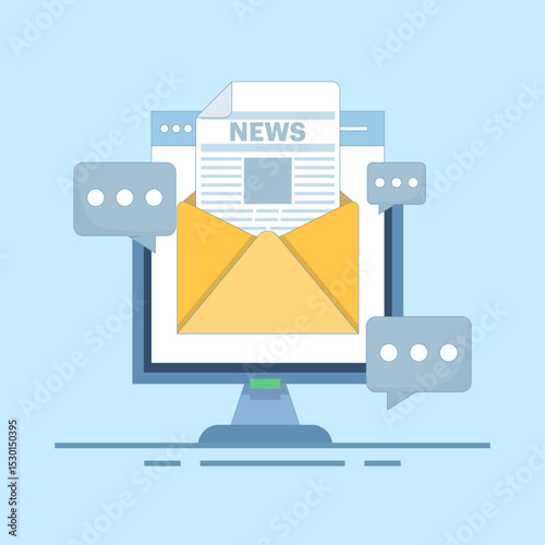 Email newsletter concept, Email marketing, SEO on email marketing, digital news, subscription renewal. Online business strategy, newsletter marketing. Flat vector illustration on background.