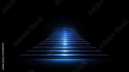Staircase with a blue light shining on it. The staircase is lit up and he is a part of a futuristic scene
