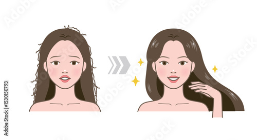Before and after of frizzy damaged versus shiny healthy hair. Woman character of hair problem and smooth hair. Hair texture restoration.