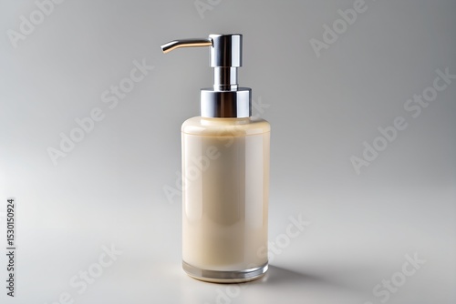 Cream soap dispenser on white background for clean minimalist bathroom design