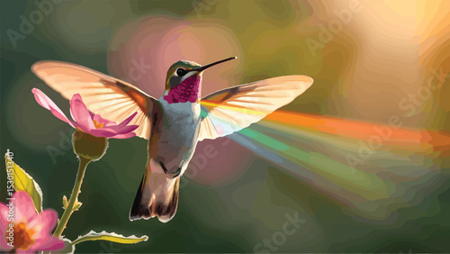 Vibrant Hummingbird with Rainbow Wings Hovering Near Pink Flower in Golden Light