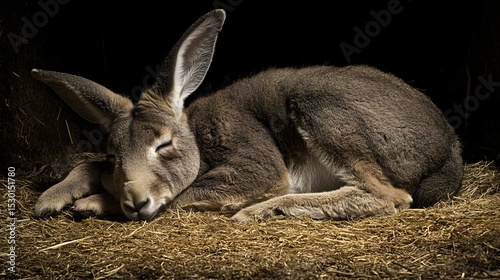 A young kangaroo rests peacefully in hay.