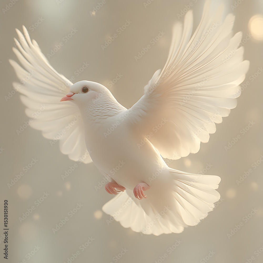Fototapeta premium A serene white dove in flight, wings outstretched, bathed in ethereal light