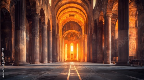 Majestic interior of a cathedral  bathed in golden sunlight.
