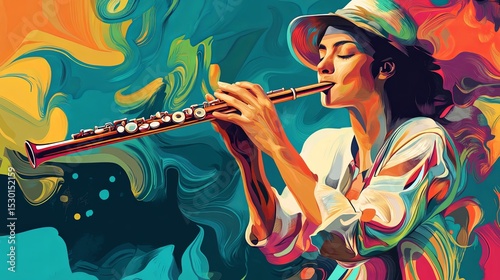 Wallpaper Mural Serene Woman Playing Flute Illustration Torontodigital.ca