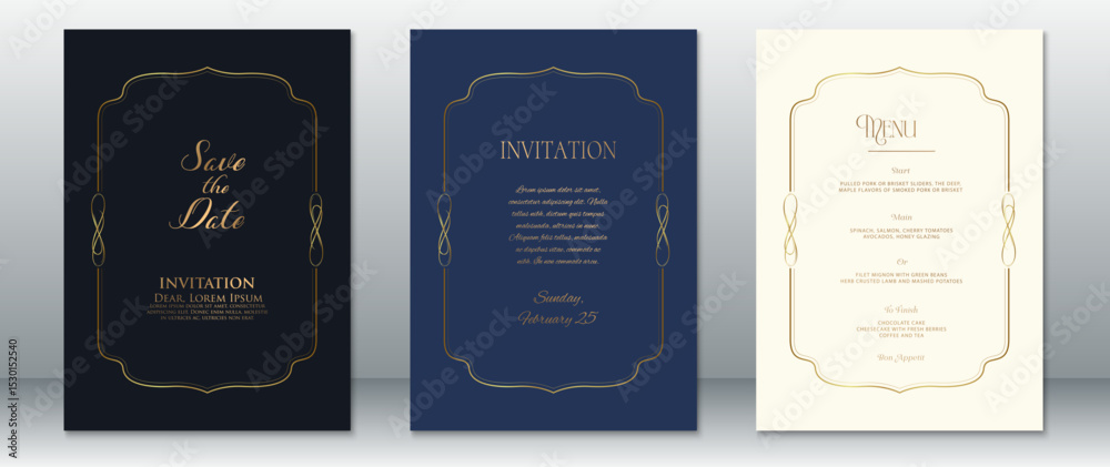 Εκτύπωση καμβά Elegant wedding invitation and menu set featuring gold line art on black, navy, and cream backgrounds