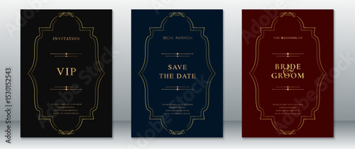 Elegant wedding invitation set with golden ornate frames on black, navy, and burgundy backgrounds. Features classic layout and refined typography, ideal for upscale and formal events. 