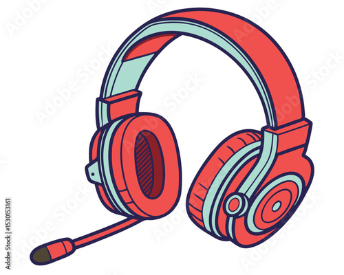 Stylized red and blue headphones with microphone vector illustration on a white background.