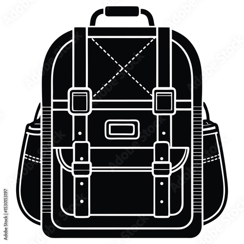 Detailed black and white illustration of a classic backpack suitable for various design projects.