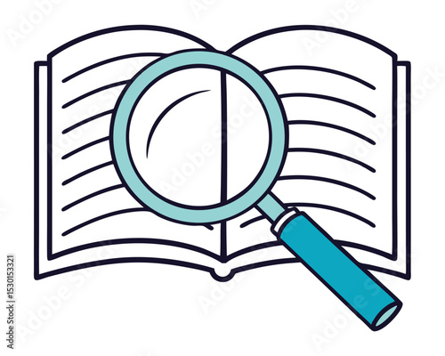 Illustration of a magnifying glass placed over an open book for research purposes. magnifying glass, book, open book, reading, education, research.