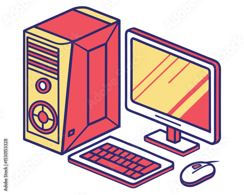 Isometric illustration of a desktop computer setup with monitor keyboard mouse and tower.