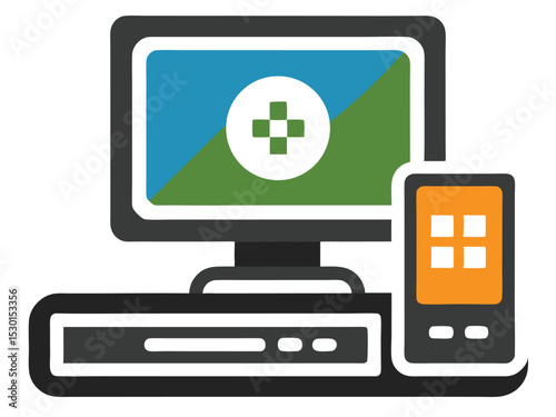 Modern computer display icon depicting technology and digital connectivity. computer, desktop, phone, smartphone, mobile, device.