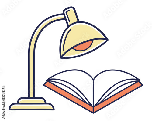 Open book and desk lamp illustration depicting reading studying education and knowledge. book, open book, lamp, reading, education, knowledge, learning.