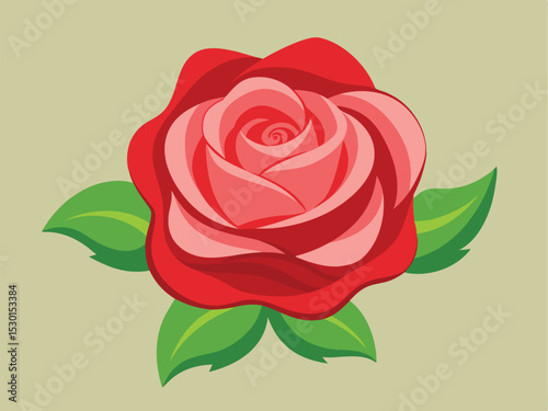 Artistic vector illustration of a vibrant red rose with lush green leaves and a neutral background.