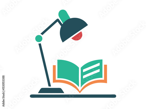 Study lamp illuminating a book vector illustration representing learning and knowledge. lamp, desk lamp, book, open book, reading, study, education, knowledge, learning.