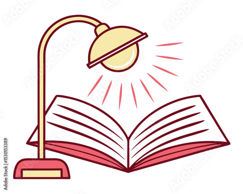 Illustration of an open book illuminated by a reading lamp for education concepts. book, open book, lamp, reading, education, knowledge, learning.