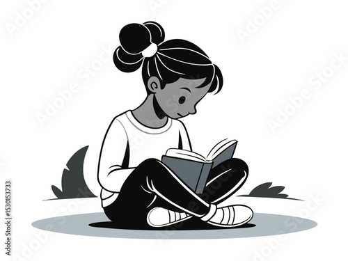 A young girl engrossed in reading a book while sitting on the ground in a black and white illustration. reading, book, girl, child, education, learning, knowledge, study.